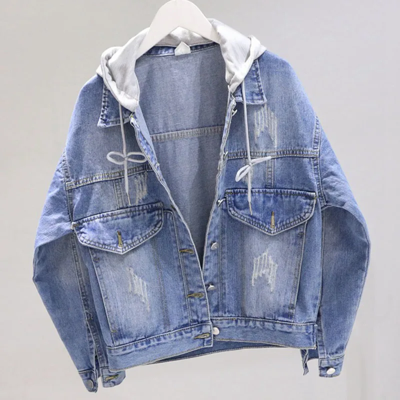 

Plus size Short Harajuku Removable hooded Autumn Women Jeans jacket Vintage Washed Light blue Hole Denim jacket Jaqueta Feminina
