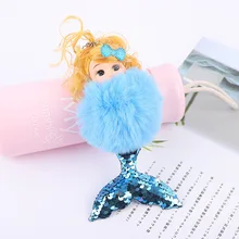Стиль большой размер русалка пушистый шар двухсторонний блесток рыбий хвост оригинальная сумочка украшенный брелок пушистый шар кулон