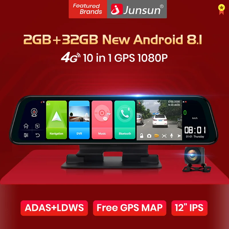 Junsun Android 8 1 2 ГБ 32 ADAS 10 в DashCam Автомобильный зеркало видеорегистратор зеркальная