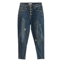 Осенне-весенние модные женские джинсы с высокой талией и пуговицами, рваные джинсы с дырками, Стрейчевые джинсы для женщин