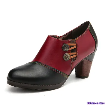 

Pumps Genuine Leather Color Splicing Stitching Retro Metal Button Zipper Comfy Pumps Women Shoes Ladies Shoes 2020