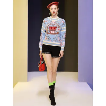 

Wool Knitted High Quality Embroidery Women Sweater Runway Designer Style European Thick O Neck Jumper Vintage Women Pullover