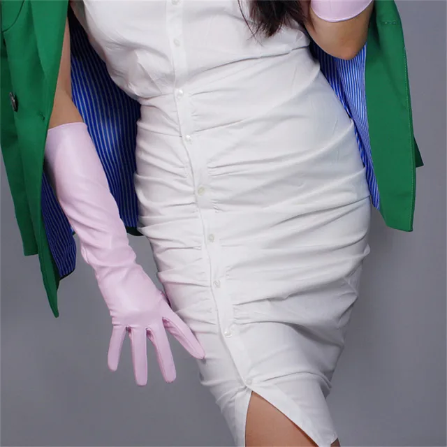 Newest Women PU Gloves Loose Long Faux Leather Glove 90cm Big Sleeve Amulation Sheepskin Light Pink Female WPU308 40cm