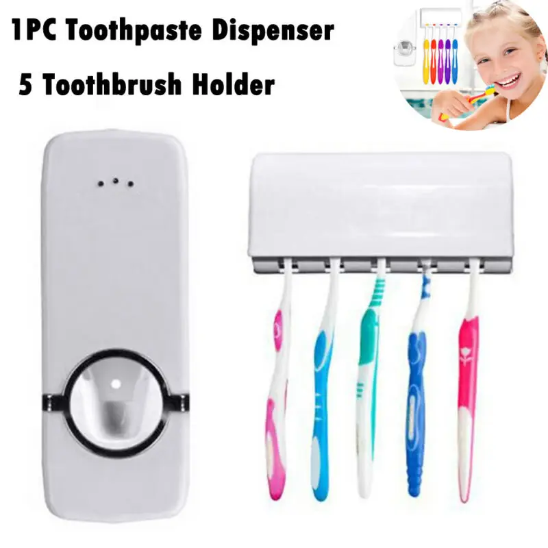 Auto Automatic Toothpaste Dispenser Organizers+5 Toothbrush Holder Set Wall Mount Stand Racks