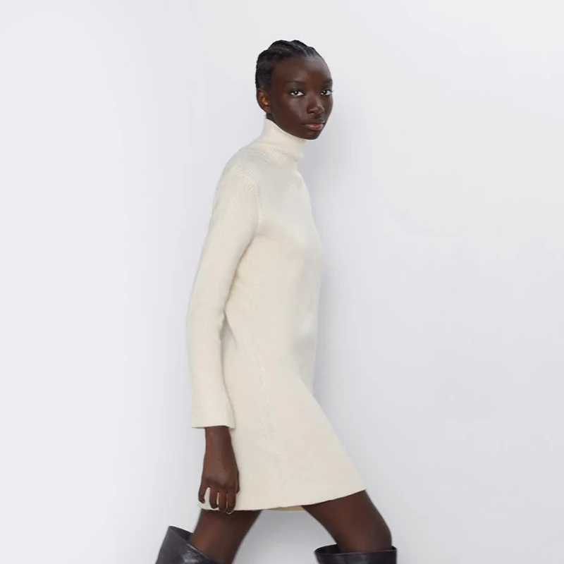 ZA женский вязаный свитер пуловер осень зима Высокий воротник длинный рукав приталенное платье белое офисное женское элегантное