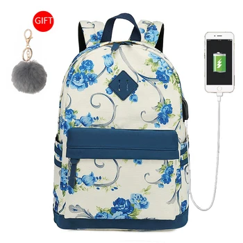 

New Fashion Backpacks for Women Girls Floral Prints Water Resistant College School Bags With USB Charging Port Travel Daypack