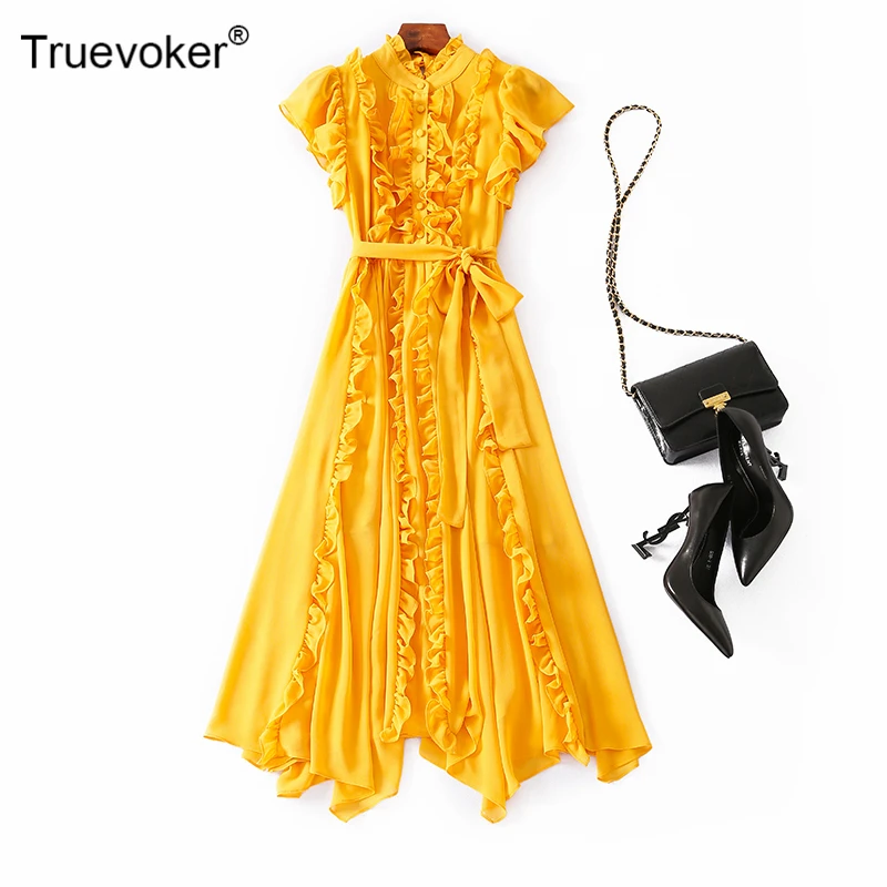 Truevoker, подиумная Дизайнерская одежда для отпуска, пляжные платья, женские платья без рукавов, чистый желтый, красный цвет, с рюшами, неровные, для отдыха, с завязками на талии