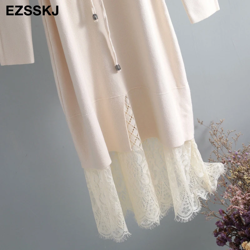 elegant O-neck loose long Thick Sweater dress women Autumn Winter lace Drawstring dress Femme Lace Up loose robe Knitted dress