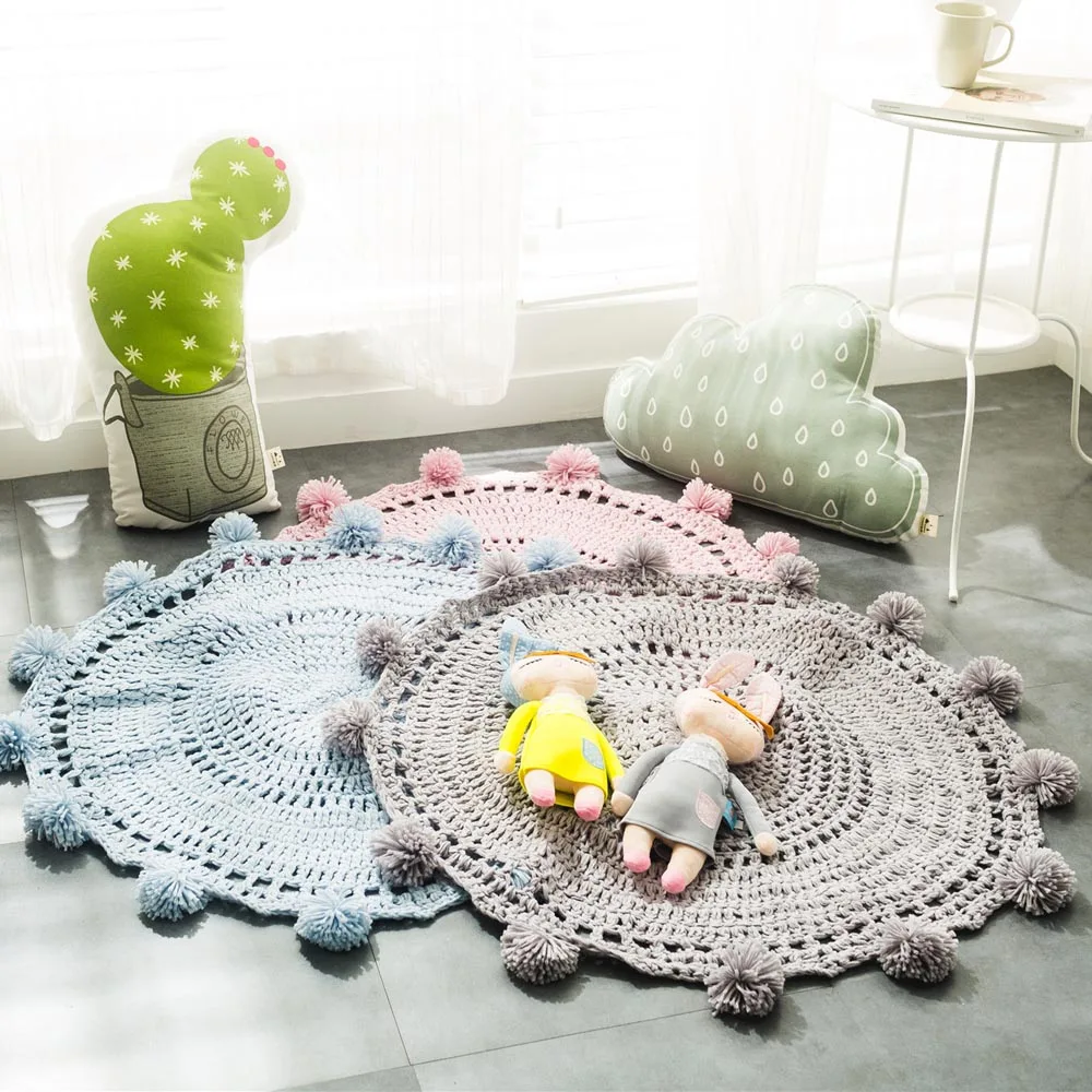 Детский круглый коврик напольный детский вязаный дизайнерский шарик с помпоном