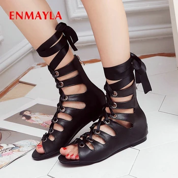 

ENMAYLA Sweet 2020 Lace-Up Solid Sandals Gladiator Casual PU Shoes Woman Fashion Ankle Strap Square Heel Riband Flat Sandals