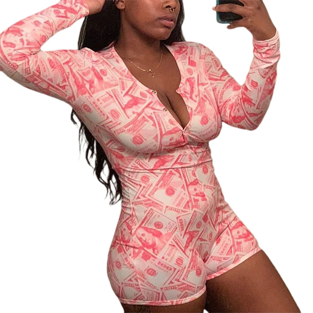 Hot sale Women's Sexy Deep V Neck Shorts Jumpsuit Long Sleeve One Piece Bodysuit Pajama Bodycon Rompers Overall