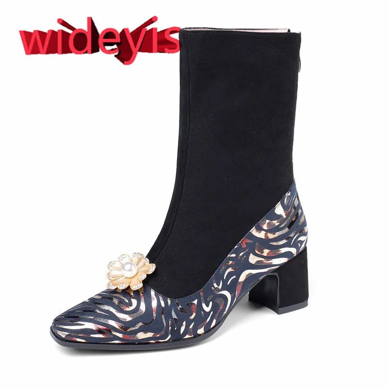 

Shoes woman WIDEYIS suede ladies boots 2019 autumn and winter new elastic boots / square head leopard comfort breathable boots