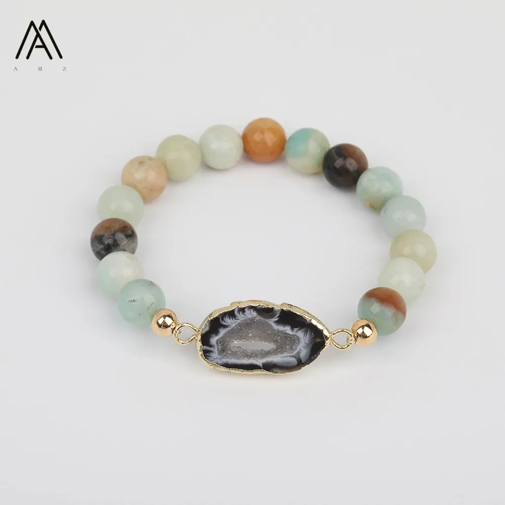 Amazonite Boho Druzy наскальный Агат Камень эластичный браслет, Amazon Stone Круглые бусины кулон браслет ювелирные изделия Для женщин Крафтовая Подарочная N0034AMAB - Окраска металла: Amazonite
