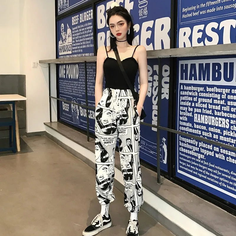 Women Pants Loose Sports Casual Beam Foot Harem Pants Comics Printed Joggers Pants Mens Hip Hop Casual Trousers