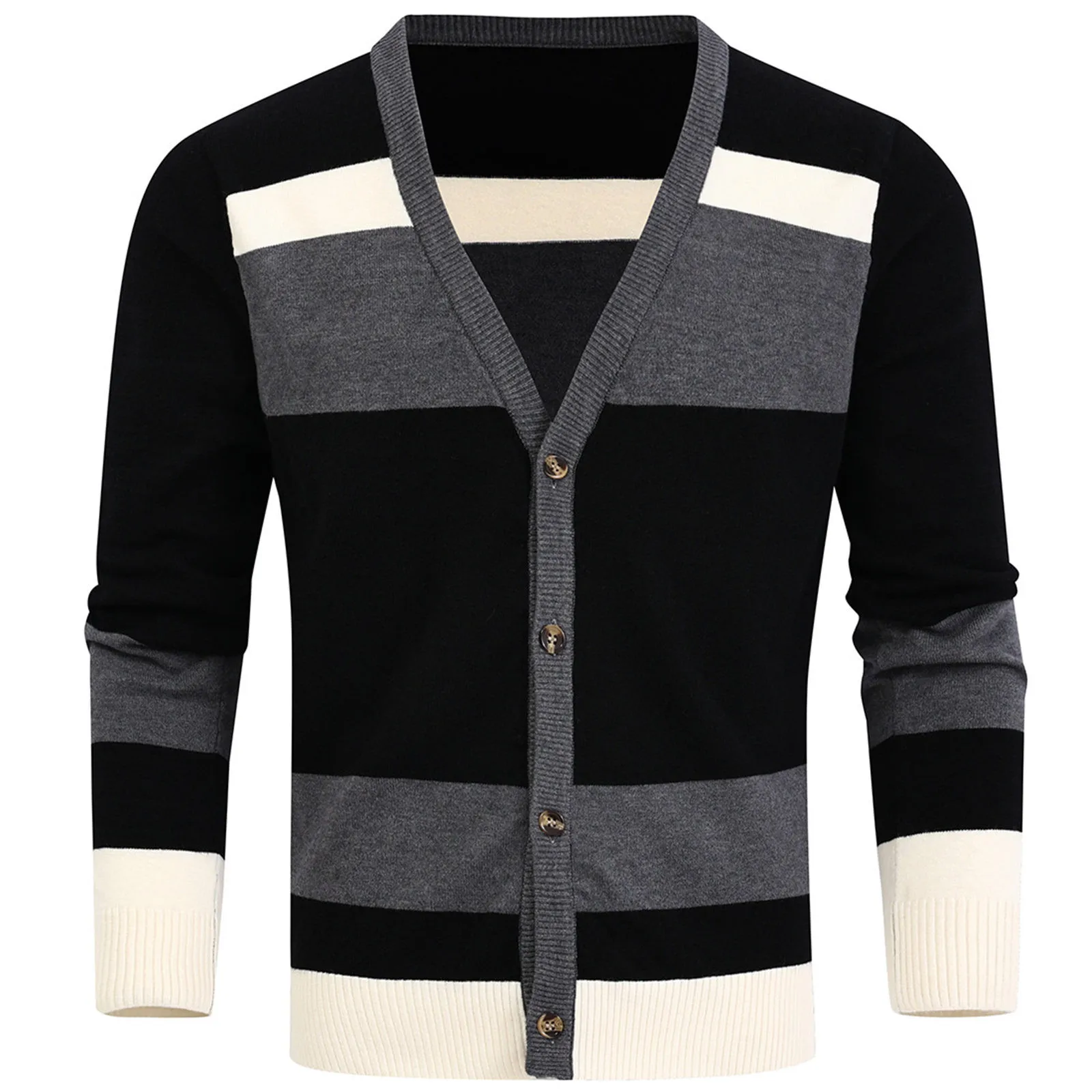 Men's Long Sleeved V-neck Cardigan Sweater Autumn&winter Striped Color Contrast Casual Stand Collar Stretch Slim Basic 2