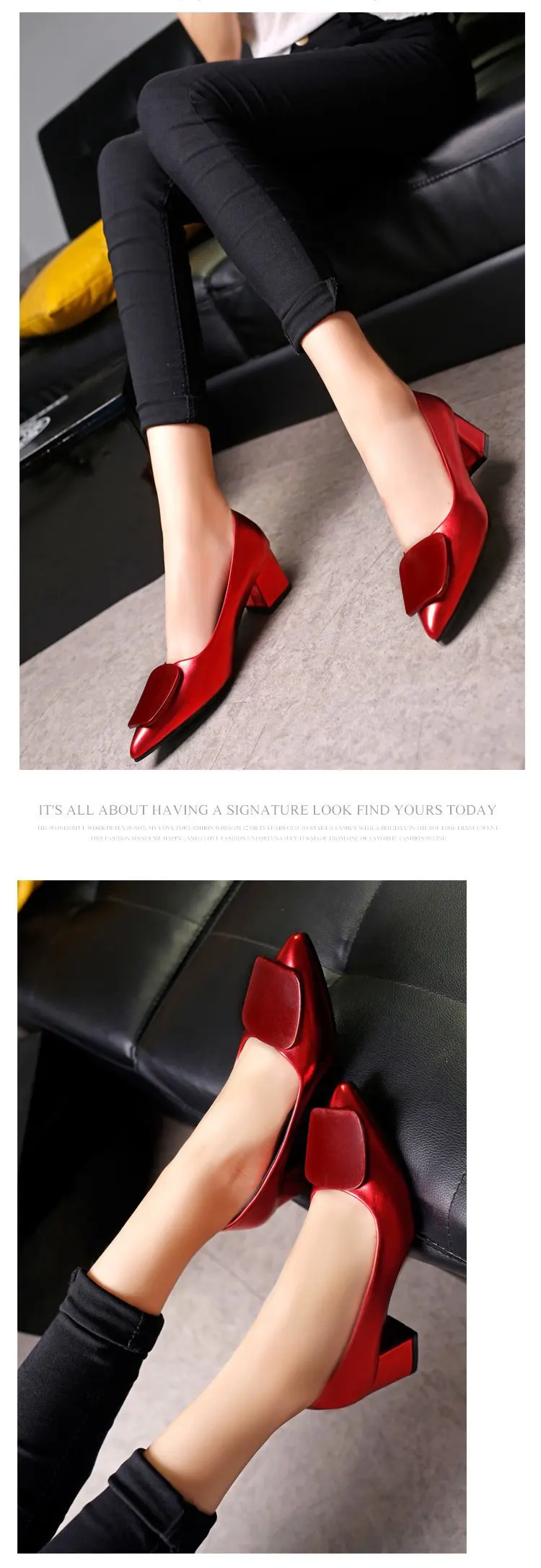 autumn new high heels women shose chunky heels pointed toe Square buckle large size womens shoes B94