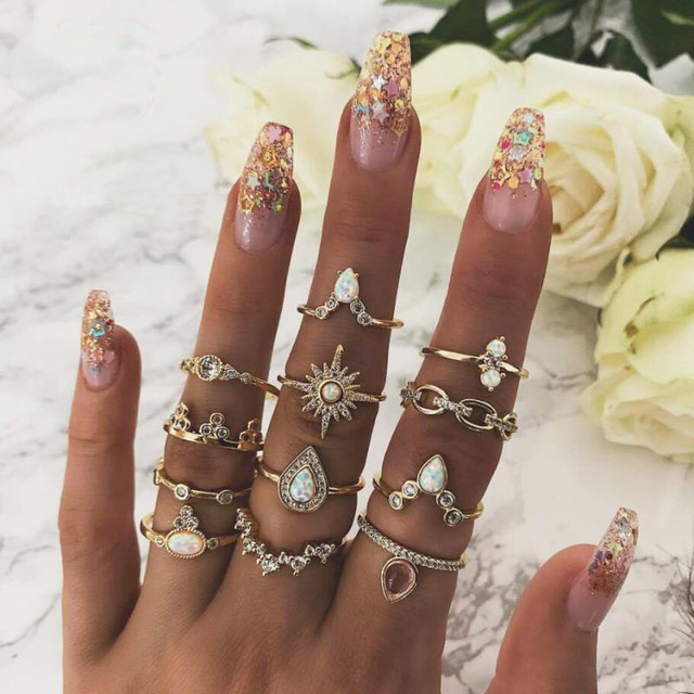 Women crystal Finger Knuckle Rings Set For Girls Moon lotus Charm Bohemian Ring Fashion Jewelry Gift