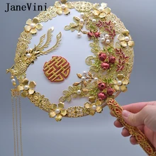 JaneVini Luxury Chinese Bridal Bouquet Fan Gold Phoenix Beaded Handmade Flowers Bouquet Metal Bride Hand Fan Wedding Accessories