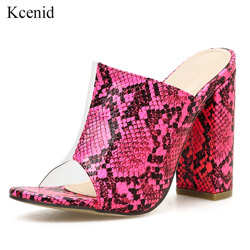 

Kcenid Transparent PVC snake print slides shoes female open toe block high heels women platform slippers summer footwear 2020