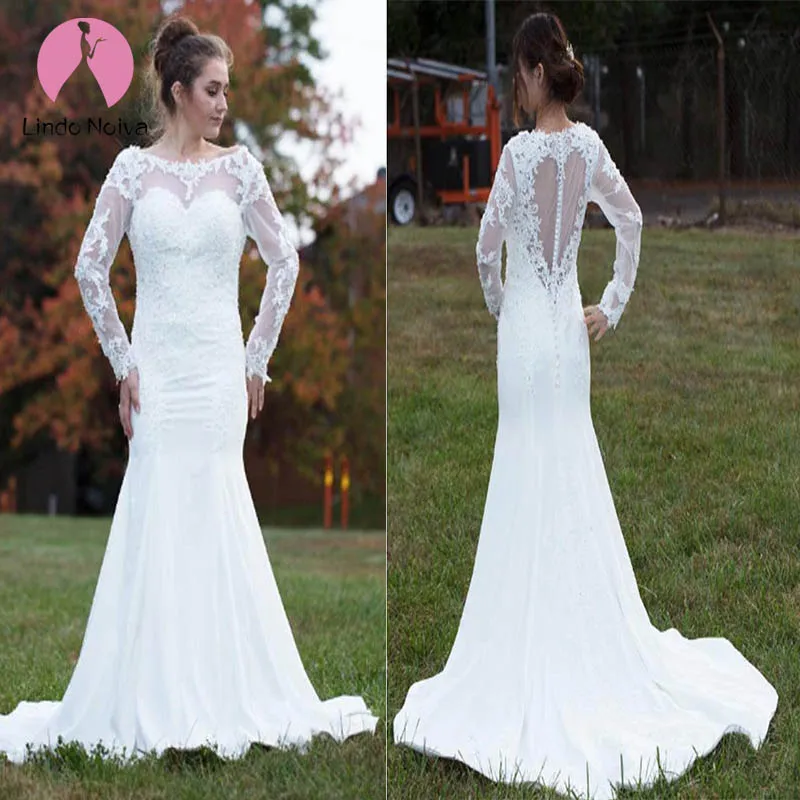 Boho Русалка Свадебные платья 2019 элегантные с длинным рукавом и круглым вырезом покрытые пуговицы Сердце Длинные свадебные платья Пляж Vestido