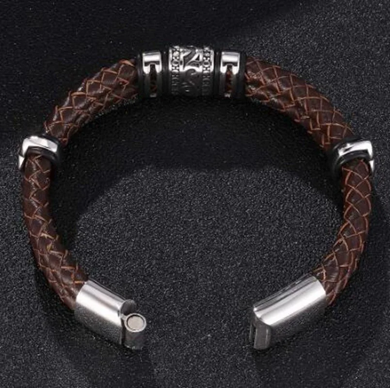 Double Layer Punk Brown Braided Leather Bracelet for Men Metal Magnetic Clasp