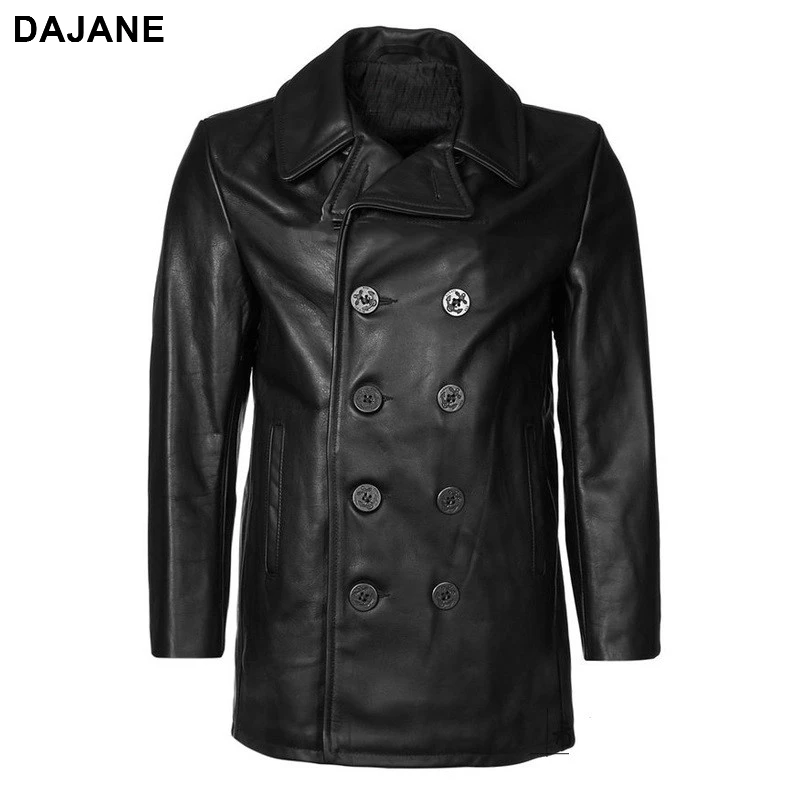 

740 Classic Navy PEA COAT double-breasted COAT The Original genuine Leather Cowhide Jacket