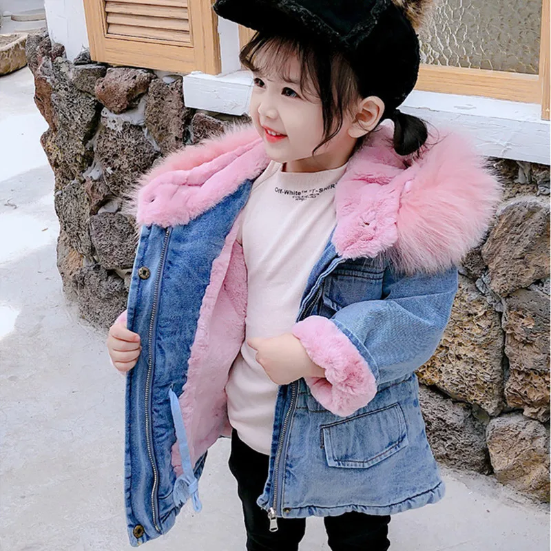  New Winter Baby Girl Denim Jacket Plus Velvet Genuine Fur Warm Toddler Cotton Girl Outwear Coat 1-7