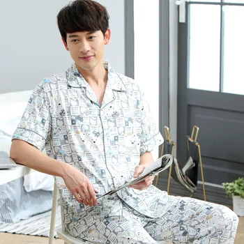 

Cardigan Men Pajamas Summer Short-sleeved Trousers Set Korean-style Loose-Fit Summer Tracksuit Men's Thin Knitted Cotton