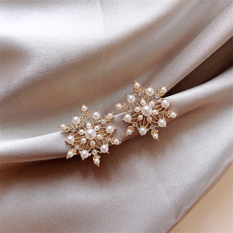 

2019 Fashion Pearl Snowflake Big Stud earrings s925 Silver needle Elegant Crystal Earrings Women's Christmas Statement Jewelry