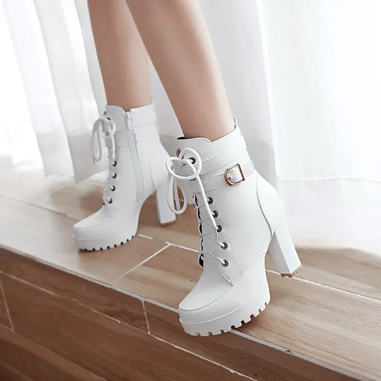 Botas de tacón alto para mujer, zapatos blancos de tacón alto de 10cm de  grosor, con cremallera de cabeza redonda, clásicos|Botas de nieve| -  AliExpress