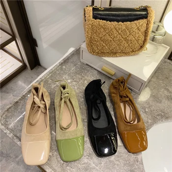 

2020 Women Comfortable Lace Up Green Ballerinas Flat Shoes Square Toe Slip On Ballet Flats Loafers Moccasins Ladies Casual Flats