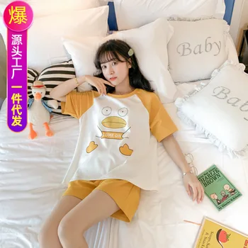 

Summer Pajamas Women's 2020 New Style Cotton Short Sleeve Shorts Loose-Fit Korean-style Cute Outer Wear Set Women's Home Wear