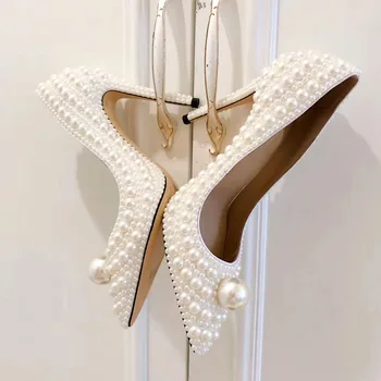 

Luxury Desugn Beige Pearl Women Pumps Pointed Toe Summer Sandals Pure Female Handmade Slip On Stiletto High Heel Sandalias Mujer