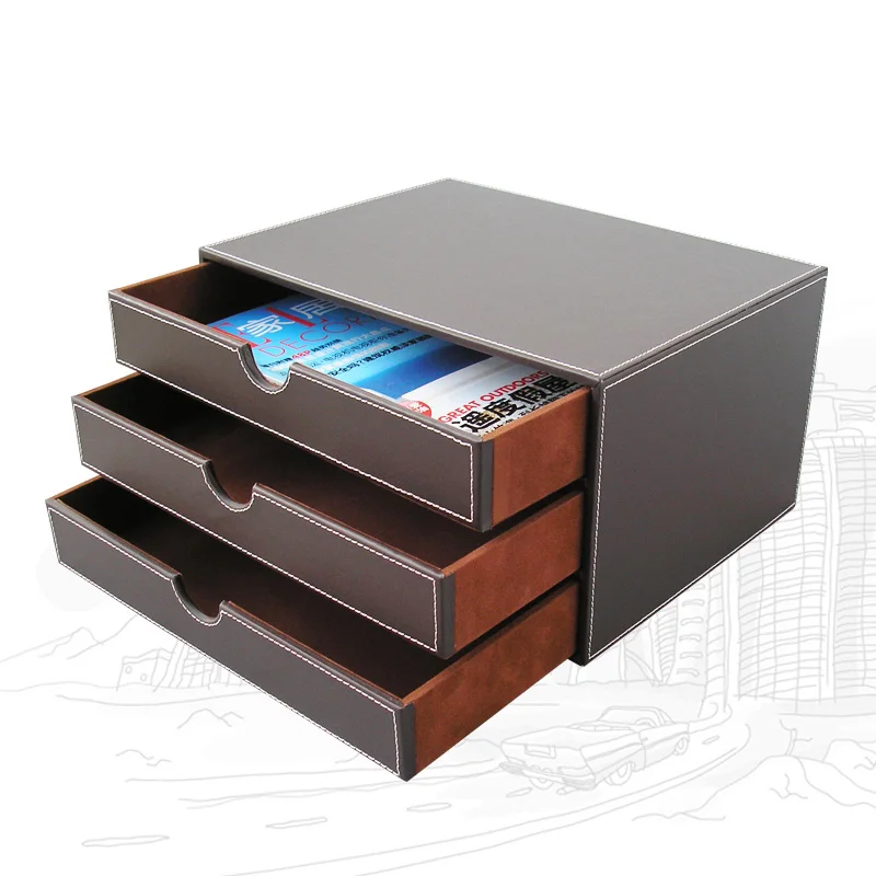 SYRWDXTX PU Leather Wooden Organizer File Cabinet Office Supplies Desktop Storage Box with Drawer 3-Drawer 3-Layer Wood Desk Filing File/A4 Document Holder Black-1 