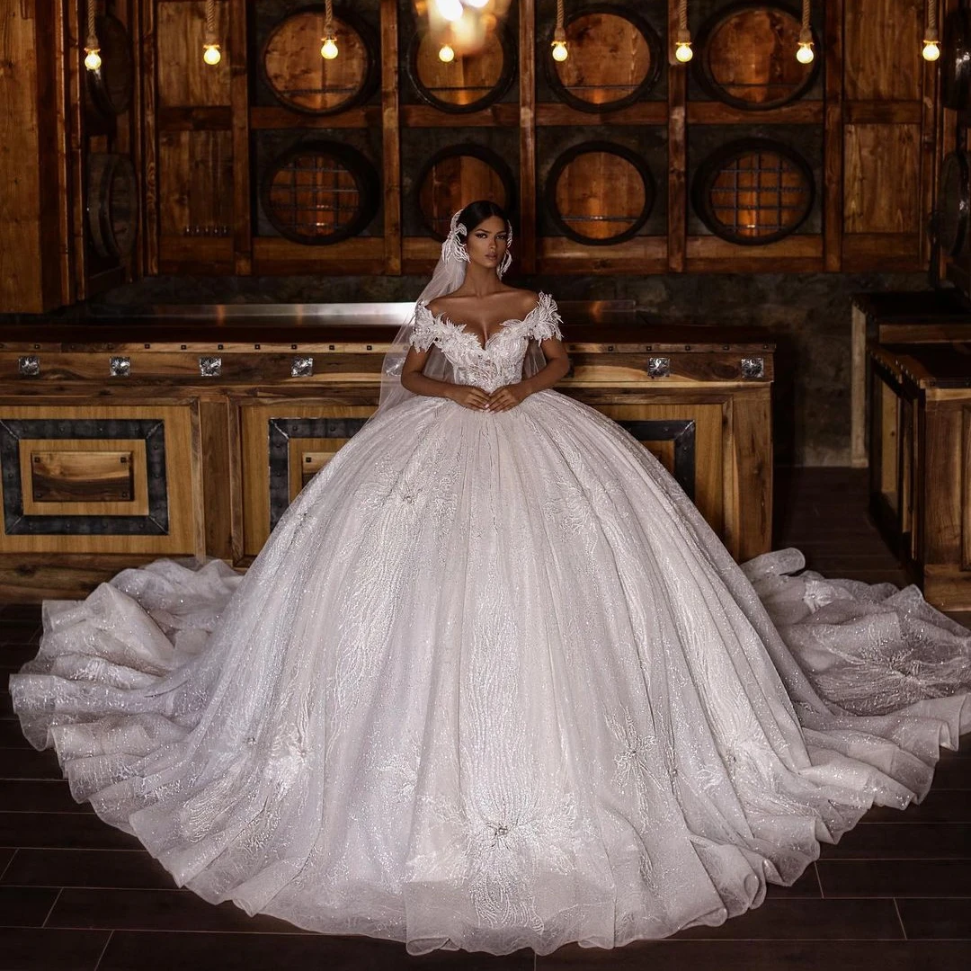 Tulle - Boho A-Line V Neckline Wedding Dress With Shoulder Train, Whit –  Jinza Bridal