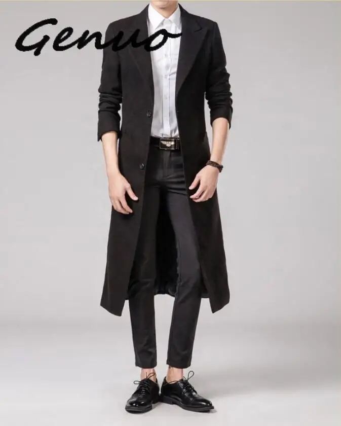 

Autumn Winter Mens Pure Color Fashion Boutique Wool Blends Super Long Woolen Cloth Dust Coat / Male Slim Black Dust Coat Jackets