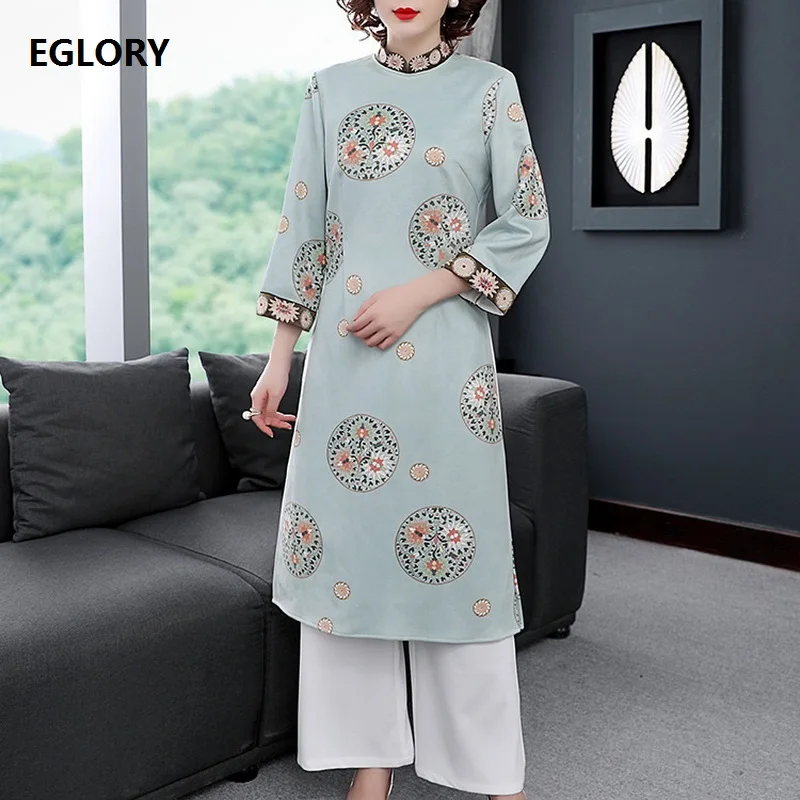 

High Quality Brand Clothing Suits Women Vintage Embroidery Print Mid-Calf Qipao Dress +Straight White Pant Suits & Sets Female