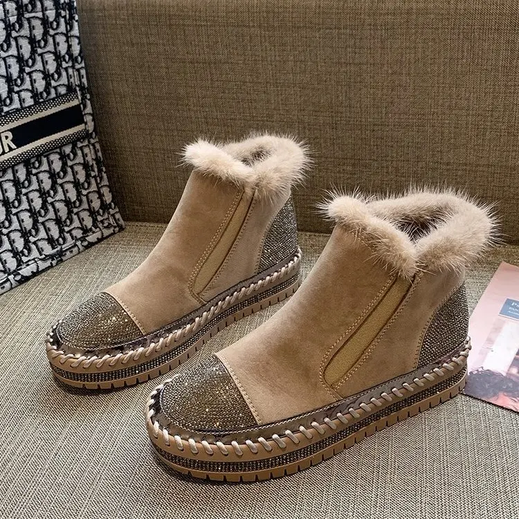 Hairy shoes women's outer wear winter 2021 new thick-soled rhinestone high-top lazy fashion boots women velvet woman boots Wool 