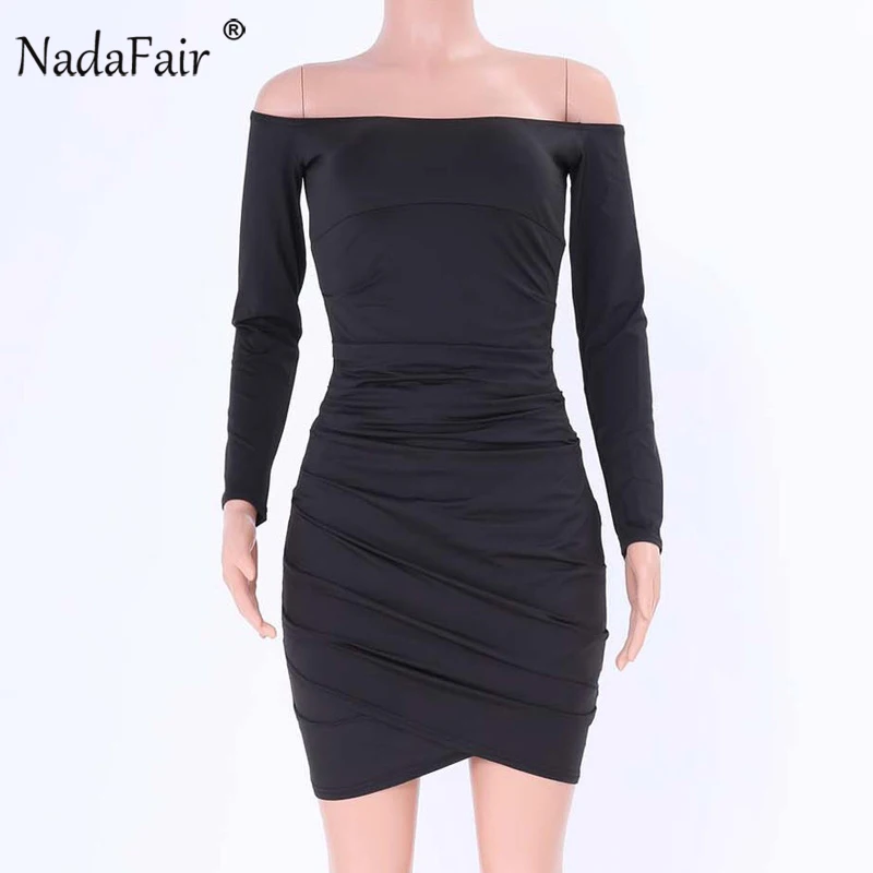 Nadafair, осенне-зимнее женское облегающее платье с длинным рукавом, с рюшами, с открытыми плечами, Сексуальные клубные вечерние платья, красное, черное, Белое Мини-Платье с запахом