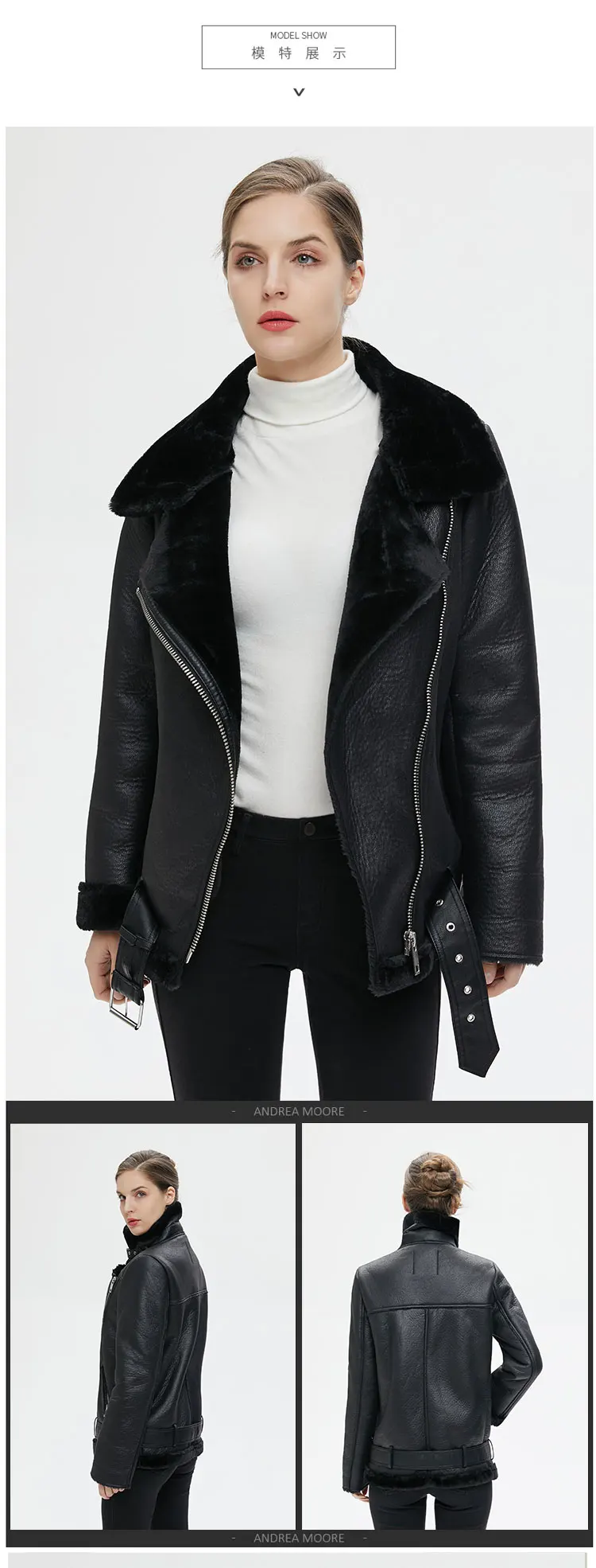 Women's Jacket Loose Pu Leather Winter Coat With Fur Collar Black_voghion.com
