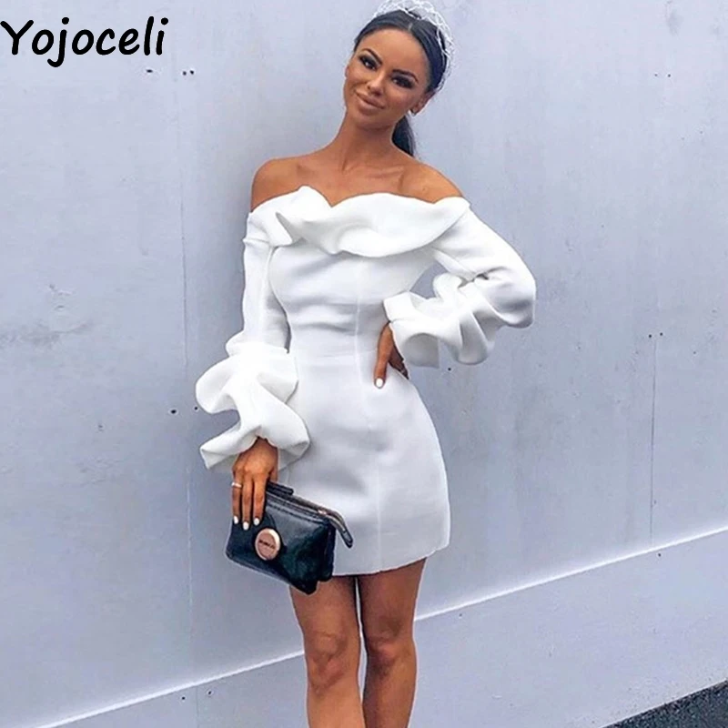Yojoceli сексуальное короткое обтягивающее платье с открытыми плечами и оборками
