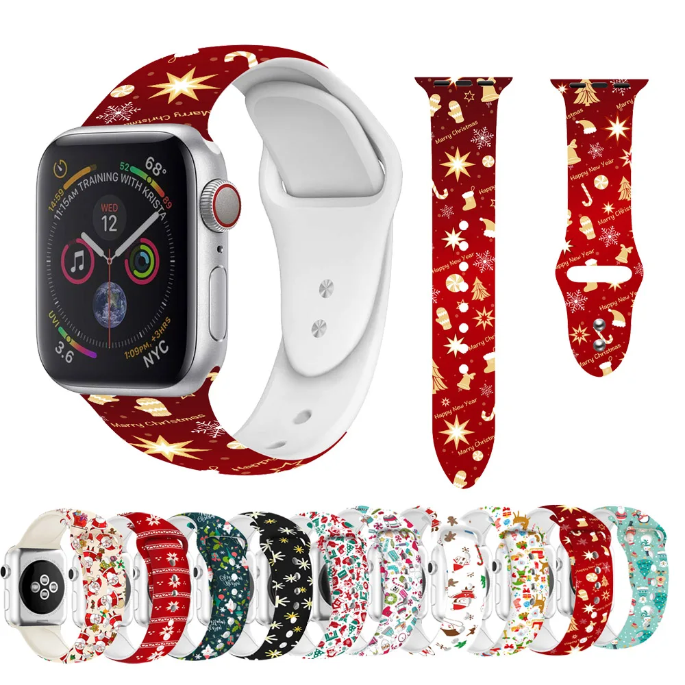 Ремешок для часов Apple Watch Band 5 4 44 мм 40 мм Рождественский подарок из силикона с цветочным принтом умный ремешок для часов iWatch 3 2 38 мм 40 мм