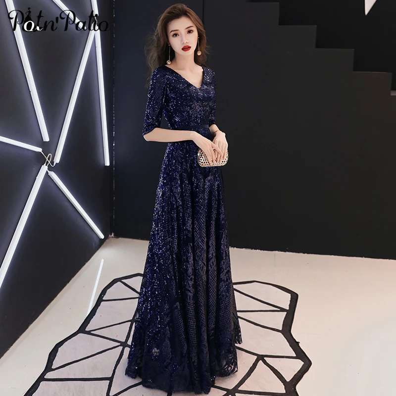 

Elegant Navy Blue Long Evening Dresses With Sleeves V-neck A-line Floor-length Sequined Formal Gowns For Women Plus Size
