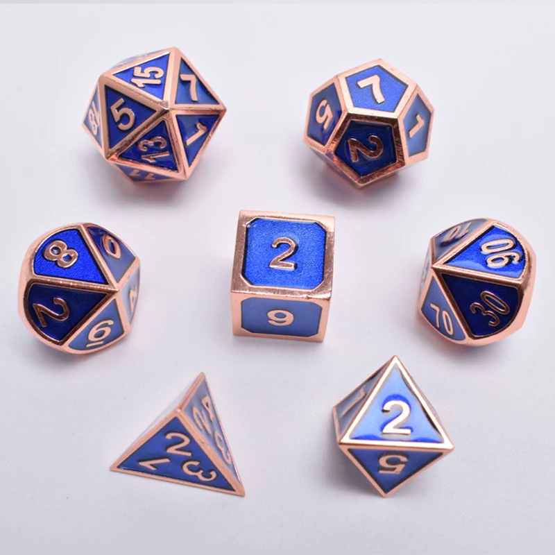 Многогранные металлические игральные кости DND, 7-die блестящая синяя поверхность с золотым номером для RPG, Подземелья и Драконы, Pathfinder, Shadowrun, D& D