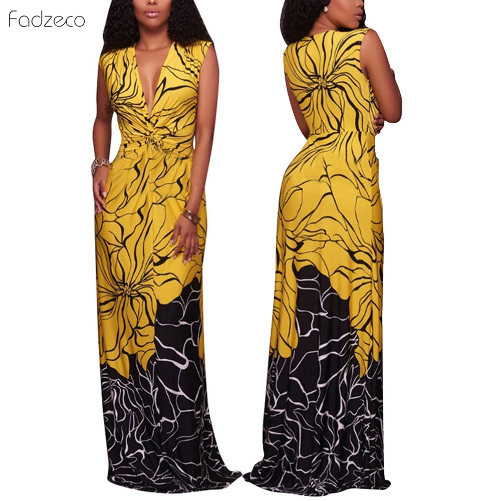 

Fadzeco African Dress For Women Sleeveless Deep V-neck Big Size Maxi Dress Ethnic Print Dashiki Robe African Clothes