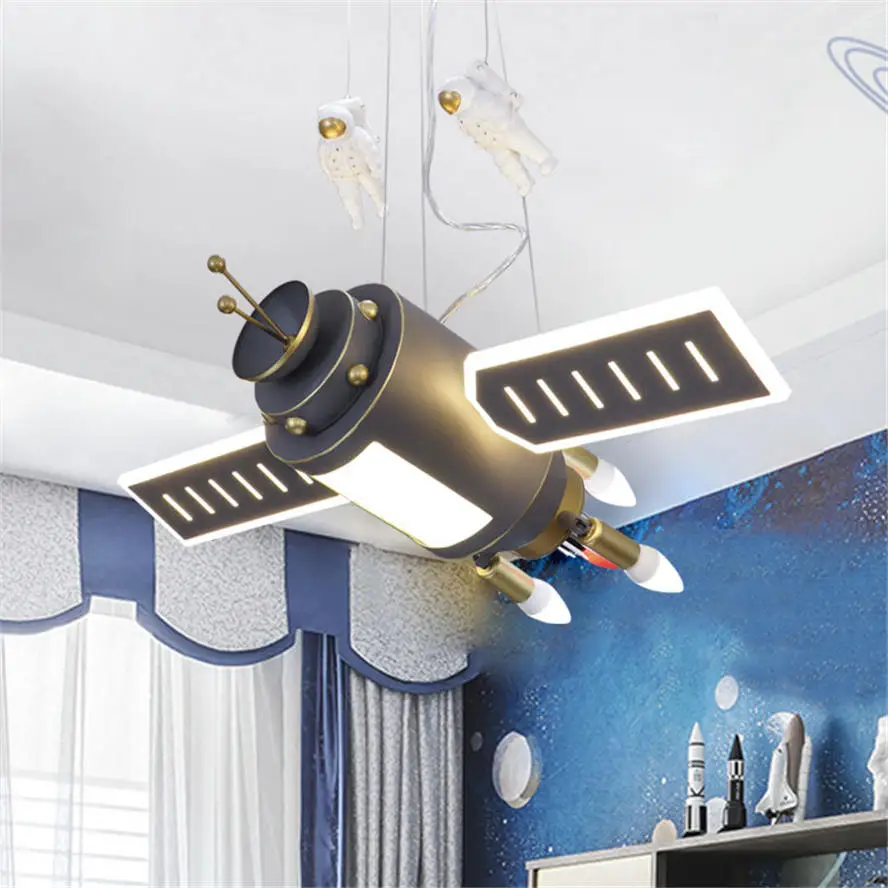 cartoon satellite astronaut led chandelier lighting for children bedroom living room personality hanging light fixtures luster