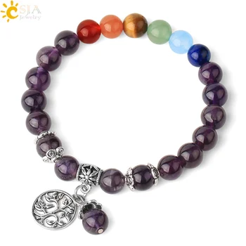 

CSJA Tree of Life Charm Bracelets Reiki 7 Chakra Natural Stone Stretch Women's Bracelet 8mm Healing Crystal Fashion Jewelry G411
