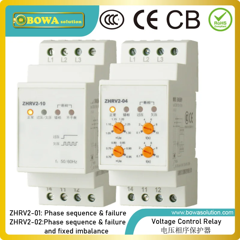 

ZHRV2-01/02 Voltage monitoring relay protects refrigeration compressor motors from imbalance, phase failure and phase sequence