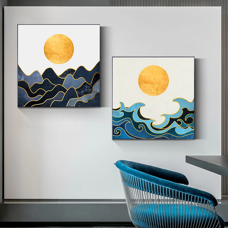 Astratta Sole Del Mattino In Aumento Onda Blu Della Tela Di Canapa Pittura Di Arte Stampe E Poster Da Parete Della Decorazione Della Casa Mordern Uffi