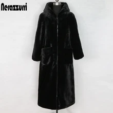 Nerazzurri длинное зимнее пальто из искусственного меха с капюшоном, с длинными рукавами,на молнии черный пушистый искусственный кроличий мех верхняя одежда,плюшевое пальто большого размера искусственная шуба стильная